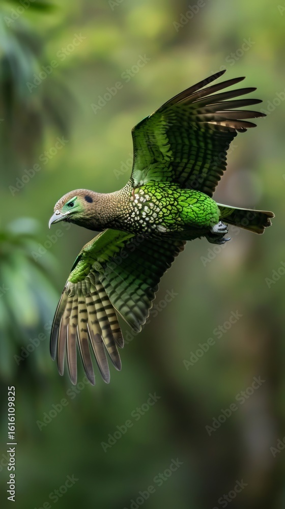 Obraz premium A vibrant, green bird soars through a lush forest.