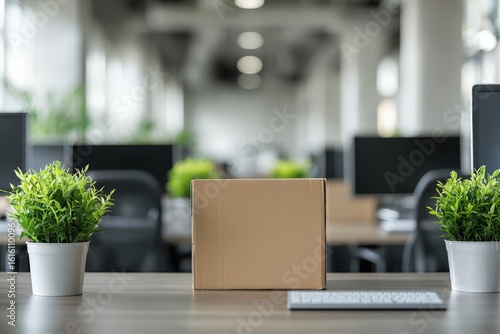 Wallpaper Mural Office desk with a cardboard box flanked by potted plants and computer monitors in a modern workspace Torontodigital.ca