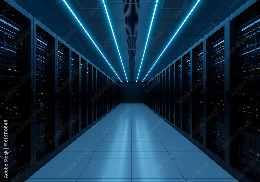 Fototapeta premium Photo of a modern server room with blue neon lights illuminates the data center