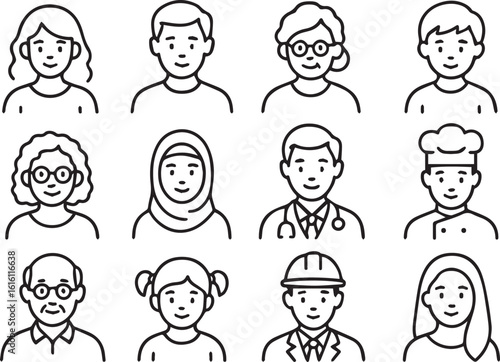 People Avatar Line Icons Set – Editable Vector Icons of Male, Female, Child, Diverse Profiles, and Emotions