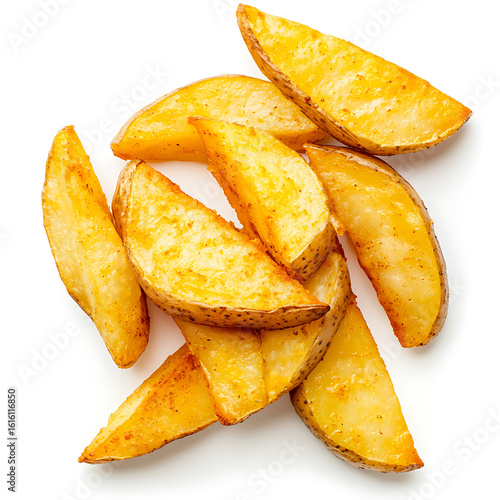 Golden Brown Baked Potato Wedges on White Background