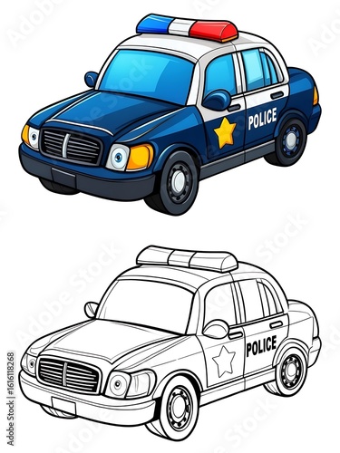 Cartoon Police Car Illustration with Line Art Version