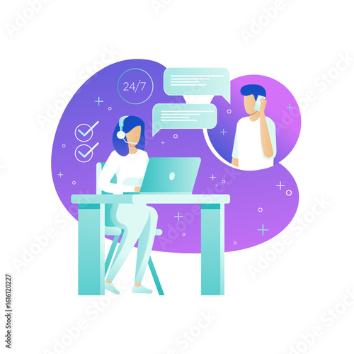 24/7 customer support agent with headset assisting caller – help desk service illustration