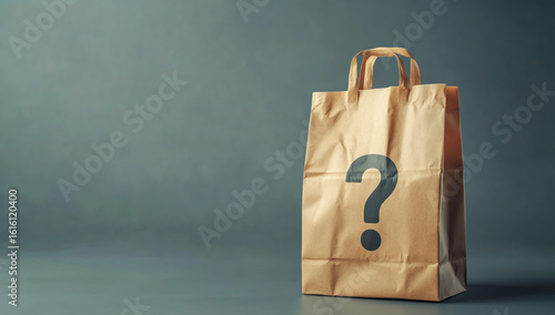 Brown paper shopping bag with a large question mark symbol on a dark gray background