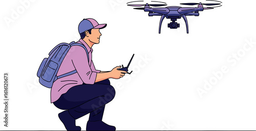 Drone pilot flying quadcopter with remote control for aerial photography and videography