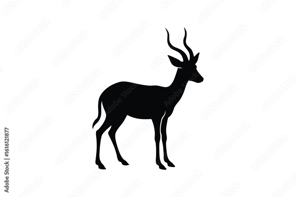 Obraz premium Elegant Impala Gazelle Standing Tall in Black Silhouette Against White Backdrop Illustrating Wildlife and African Savanna in a Minimalist Style silhouette