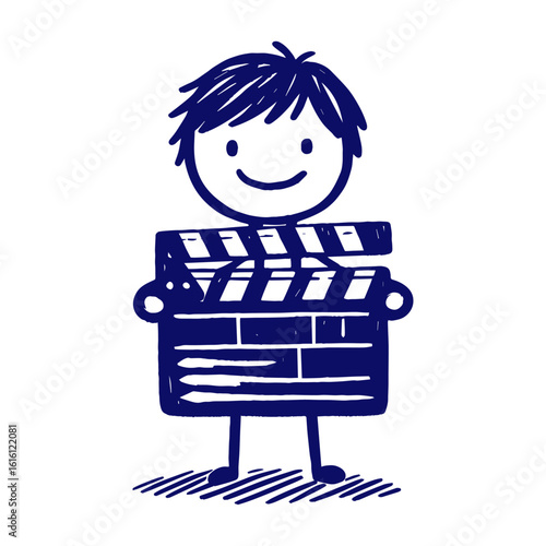 Cartoon film director icon with symbolic clapperboard on transparent background, vector
