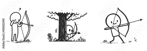 Minimalist sequence showing archery growth through stealth and confidence, vector