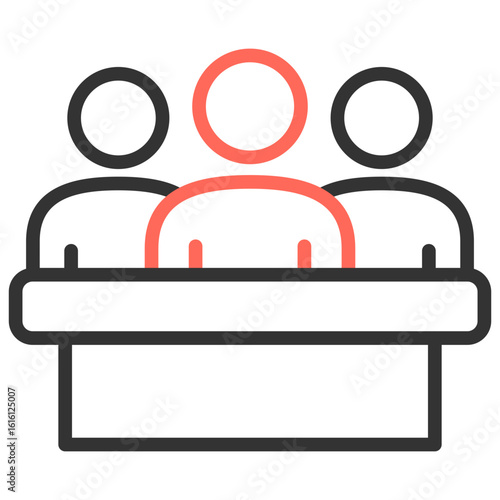 The icon of a group of people sitting behind a table or courtroom, with one person in the middle standing out as the defendant, is associated with justice and the legal system.
