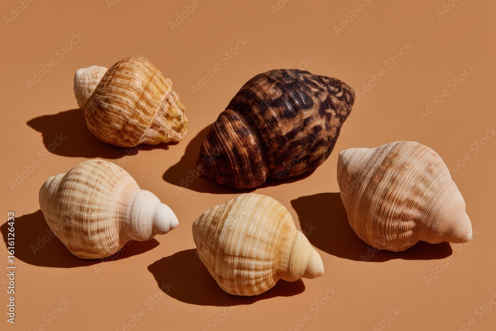 Captivating composition of assorted seashells in various textures and colors against a warm earthy backdrop showcasing the intrinsic beauty of nature and texture exploration Captivating composition of assorted seashells in various textures and colors against a warm earthy backdrop showcasing the intrinsic beauty of nature and texture exploration