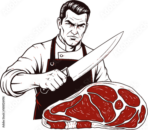 Man in apron holding knife and piece of meat with serious expression