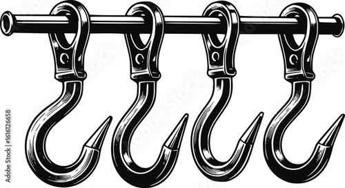 Industrial-style meat hooks hanging in a row in monochrome design
