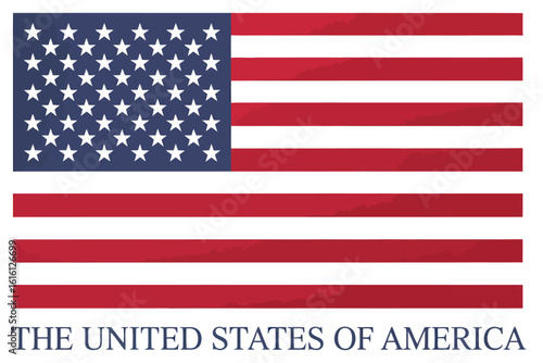 American flag illustration with thirteen red and white stripes, blue canton with white stars, and “THE UNITED STATES OF AMERICA” text — patriotic design 