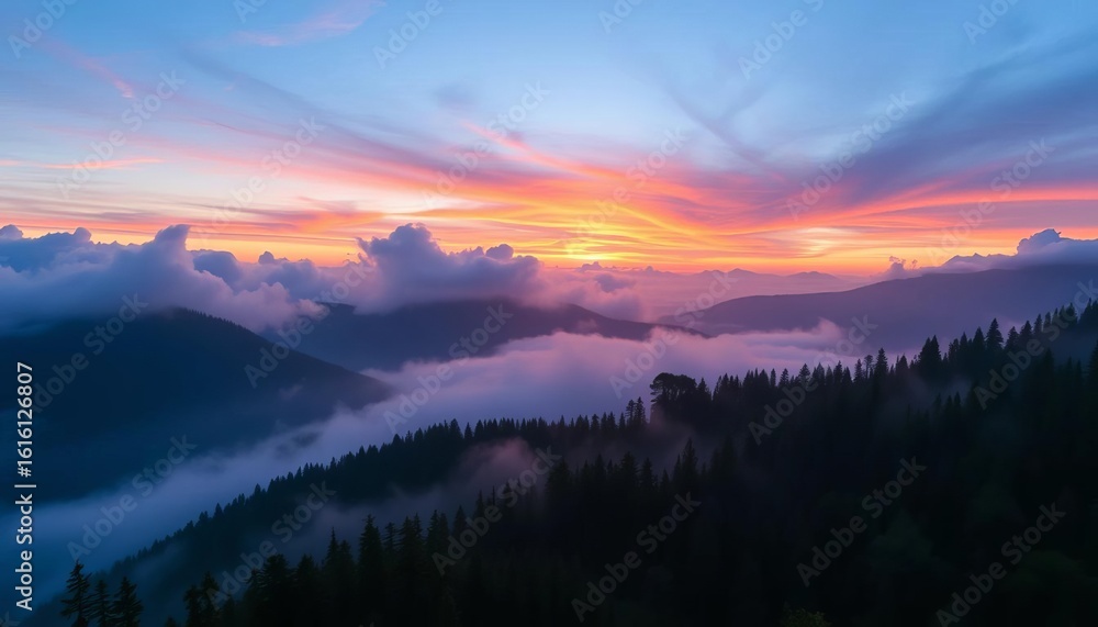Fototapeta premium Misty mountain sunrise, vibrant sky, lush forest, fog-shrouded peaks, dramatic vista, peaceful, mist