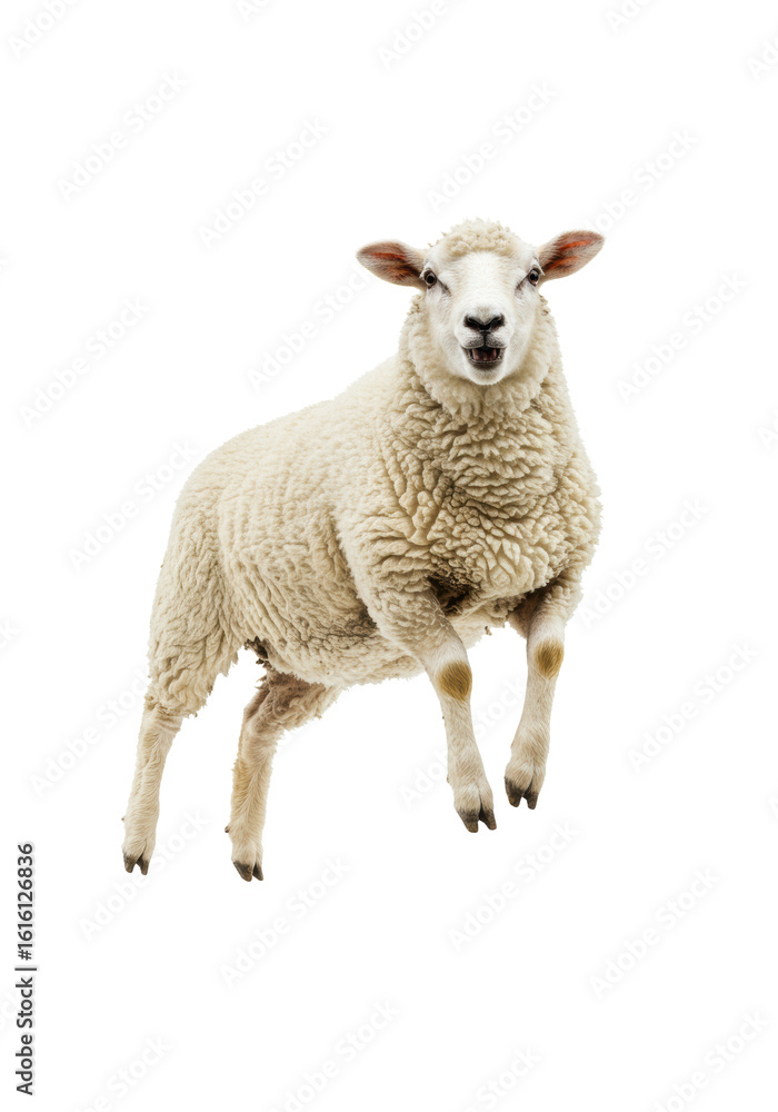 A domestic sheep, full body, fluffy white fleece, light brown legs, in an energetic mid-air jump, mouth open, bright eyes engaging camera, against a pristine transparent seamless studio background. A domestic sheep, full body, fluffy white fleece, light brown legs, in an energetic mid-air jump, mouth open, bright eyes engaging camera, against a pristine transparent seamless studio background.