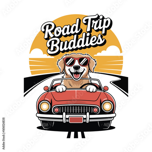 Comical dog wearing sunglasses and driving a car, black and white animal silhouette vector illustration for fun design concepts