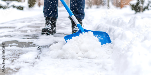 Person shoveling snow off a sidewalk. A blue shovel scoops up a pile of fresh snow during a winter storm. Winter boots stand in the cleared path.