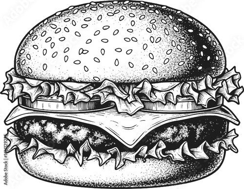 Vintage burger illustration with lettuce, cheese, and sesame bun
