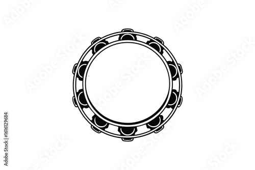 Monochrome Tambourine Illustration with Jingle Bells and Circular Frame Emphasizing Rhythm and Musicality in a Striking Silhouette Style silhouette
