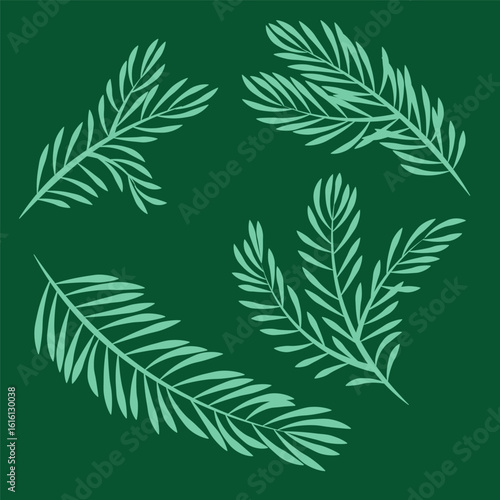 Set of fir tree branches on a green background