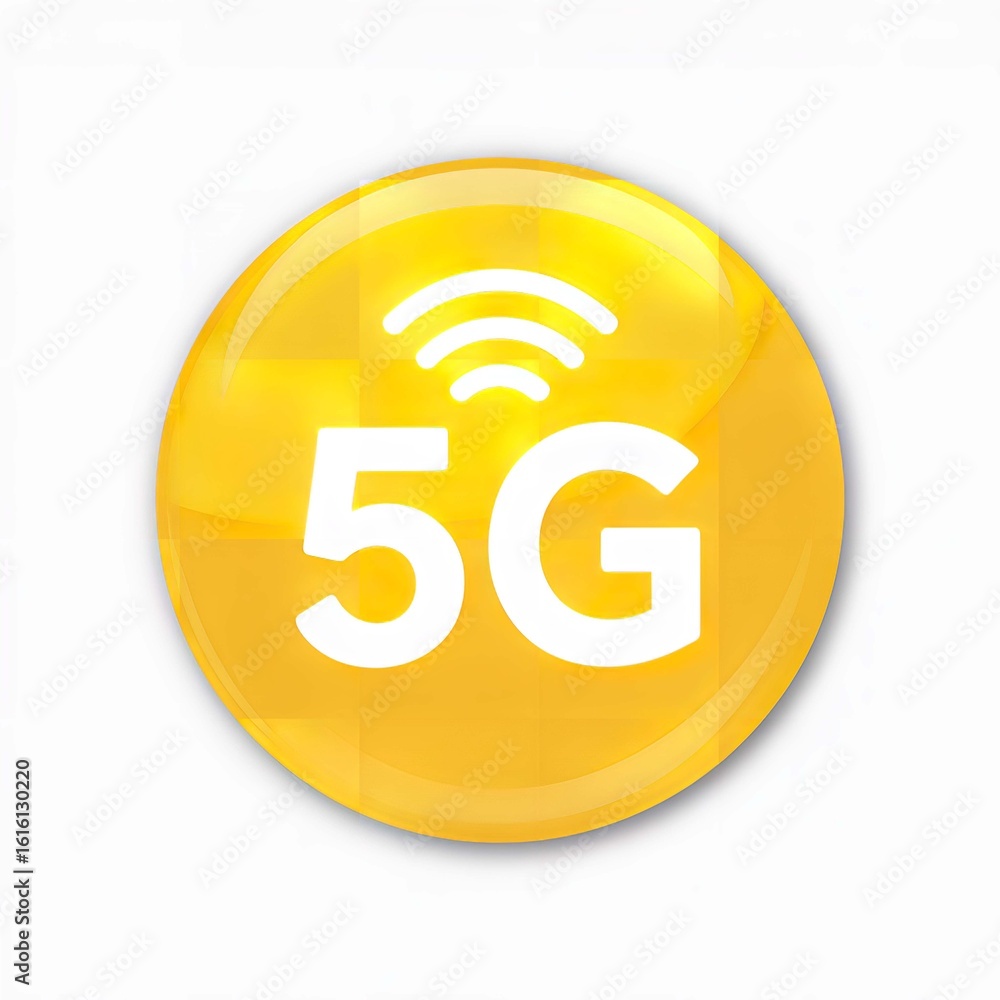 Yellow circle with 5g symbol representing wireless technology and high speed internet connectivity network Yellow circle with 5g symbol representing wireless technology and high speed internet connectivity network