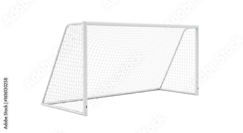 A pristine regulation-size soccer goal with a white metal frame and transparent mesh net, isolated on a seamless transparent studio background with uniform lighting and no shadows, ultra realistic 3/4