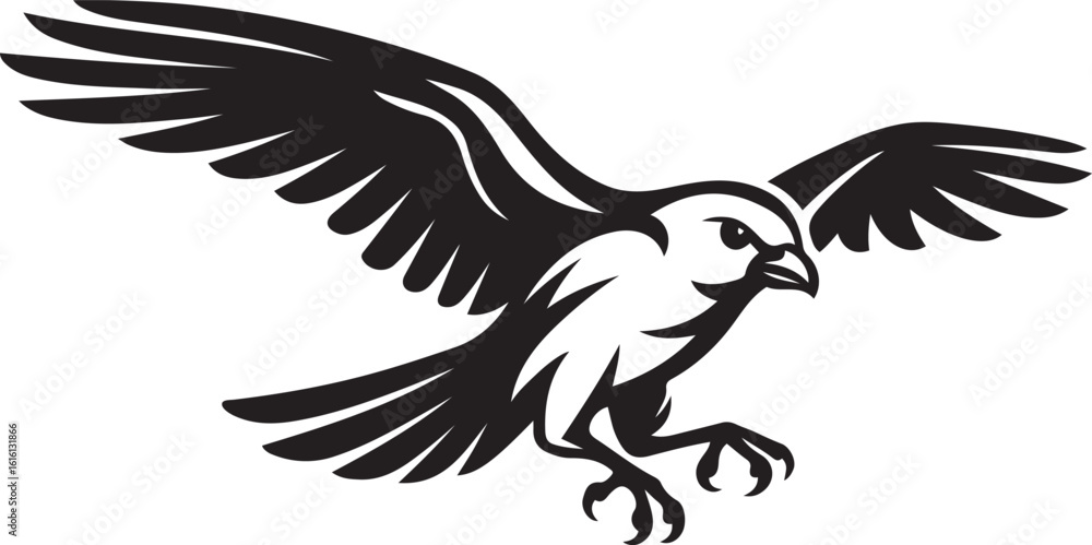 Fototapeta premium Bird silhouette with wings and talons outstretched, Black bird flying vector illustration