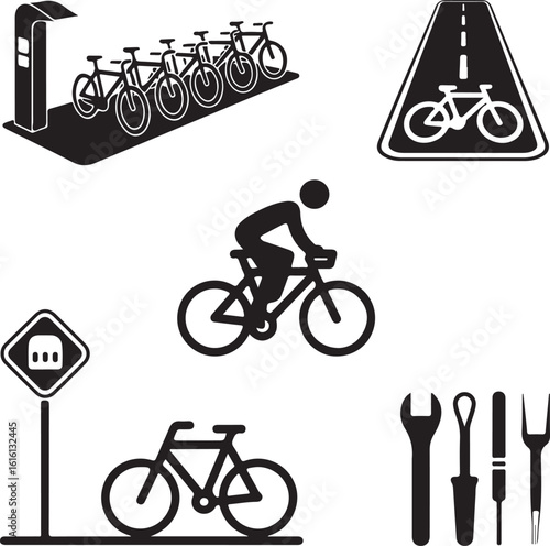 Active Mobility City Biking Solid Icons – Rental Dock, Helmet, Bike Lane, Cyclist, and Parking Rack