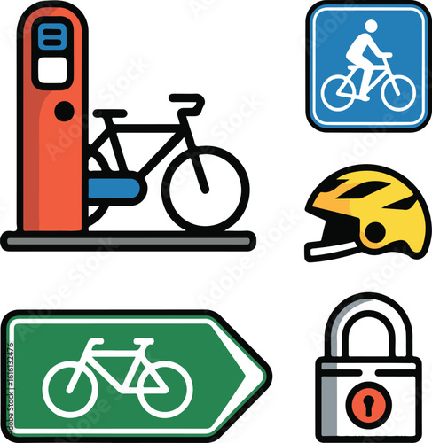 City Bike Infrastructure Solid Icon Set – Rental Bike Dock, Dedicated Bike Lane, Helmet Safety Icon, Urban Cyclist, and Wayfinding Signage