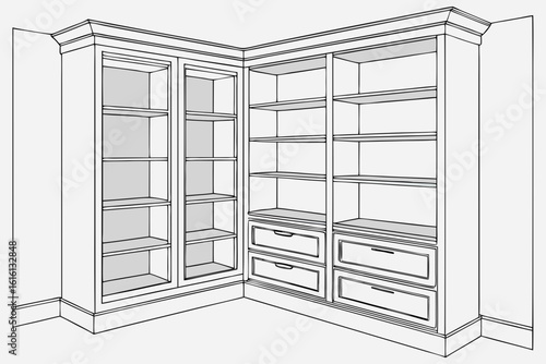 Corner Builtin Bookshelf with Drawers.