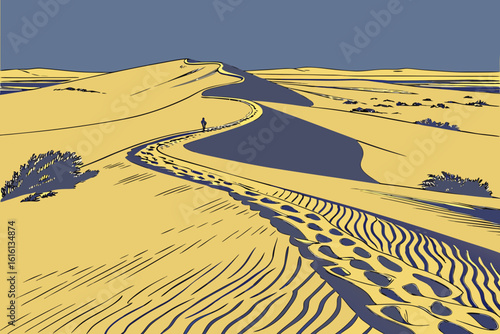 Lone Figure Walking on Desert Dunes Path.