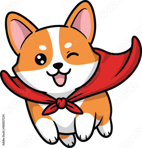 Adorable corgi dog wearing a red superhero cape flying with a happy expression vector illustration