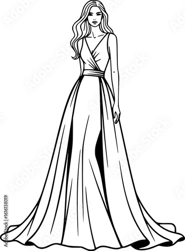 Elegant woman modeling a gown in minimalist line art
