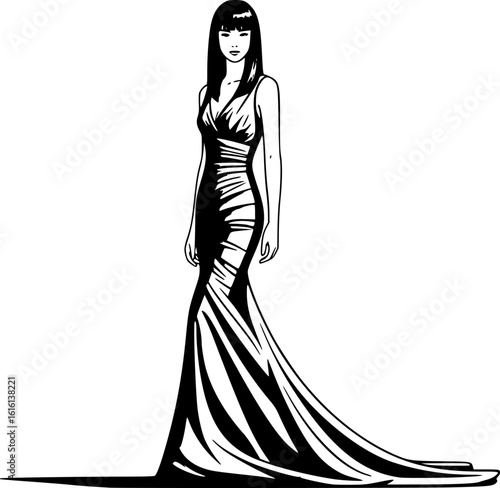 Elegant woman modeling a gown in minimalist line art