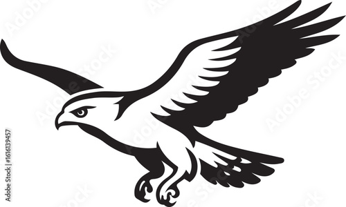 Black eagle flying silhouette design, Soaring bird illustration white background