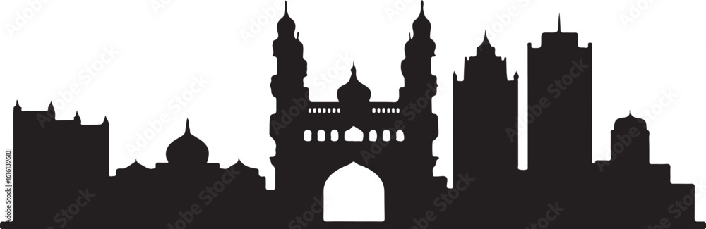 Obraz premium Silhouette vector of Hyderabad, includes Charminar, tech buildings, Indian skyline