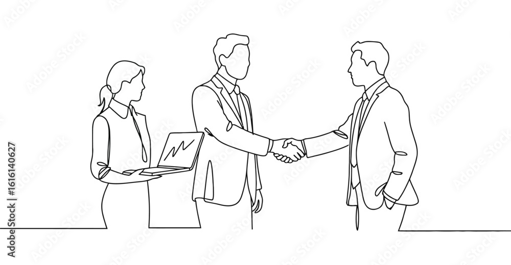 Minimalist black line art illustration of three business professionals with handshake and graph, symbolizing partnership, strategy, and success Minimalist black line art illustration of three business professionals with handshake and graph, symbolizing partnership, strategy, and success