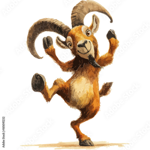 Happy dancing goat with big horns isolated on transparent background