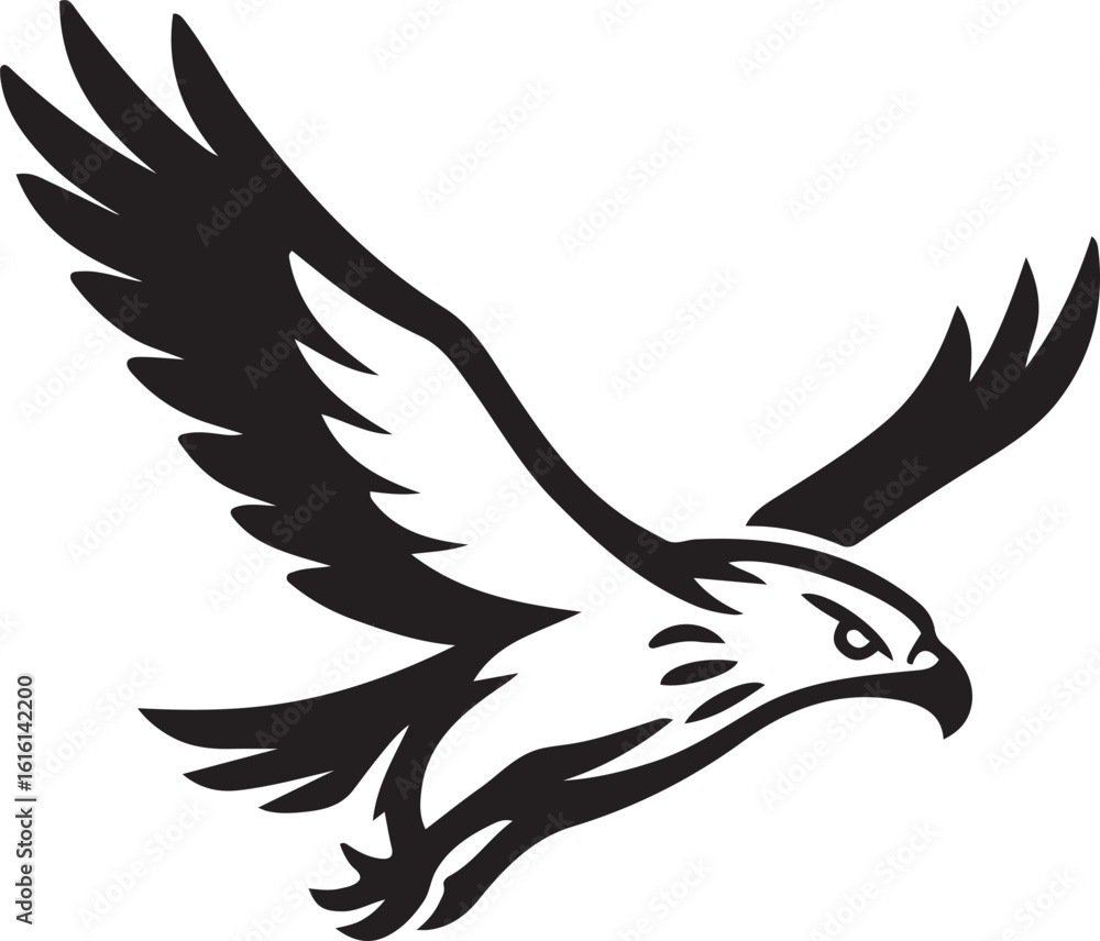 Fototapeta premium Eagle silhouette in flight on white background, Soaring black bird vector illustration