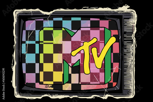 "MTV logo style TV and checkerboard pattern, grunge pop vector"generative ai
