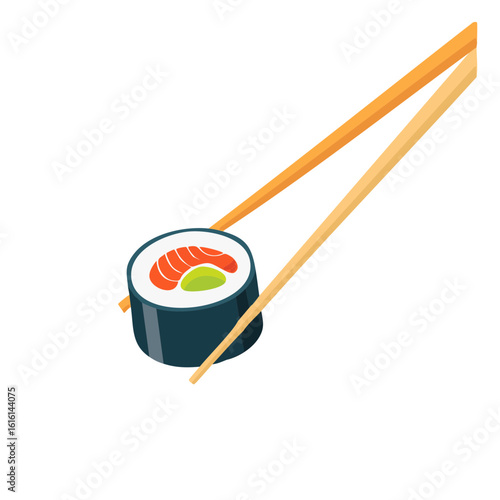 Close up of a delicious sushi roll being held by a pair of chopsticks