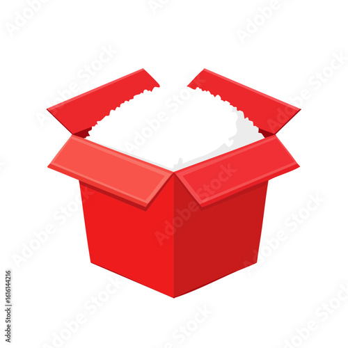 An open, red cardboard box with packing materials