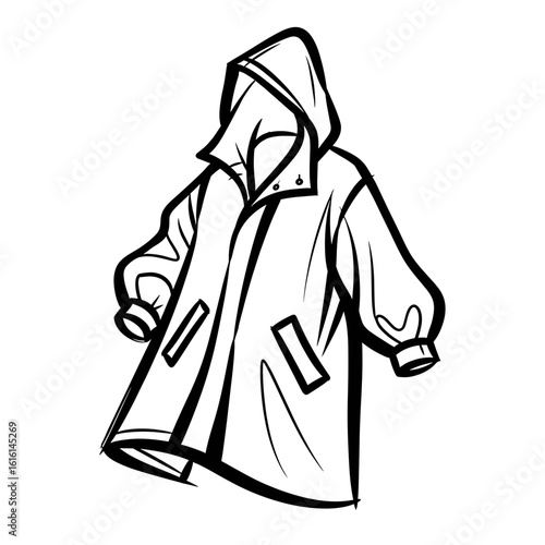 Outline drawing of a hooded coat with pockets and buttons, depicted in a stylized and graphic manner