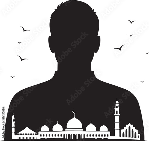 Vector silhouette of Male, includes mosque domes, beachfront hotels, Maldives capital skyline