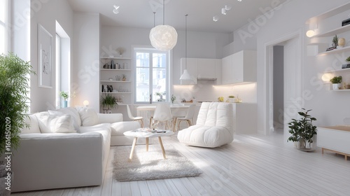 View of stylish white apartment design in lagom style  no logos  no brands