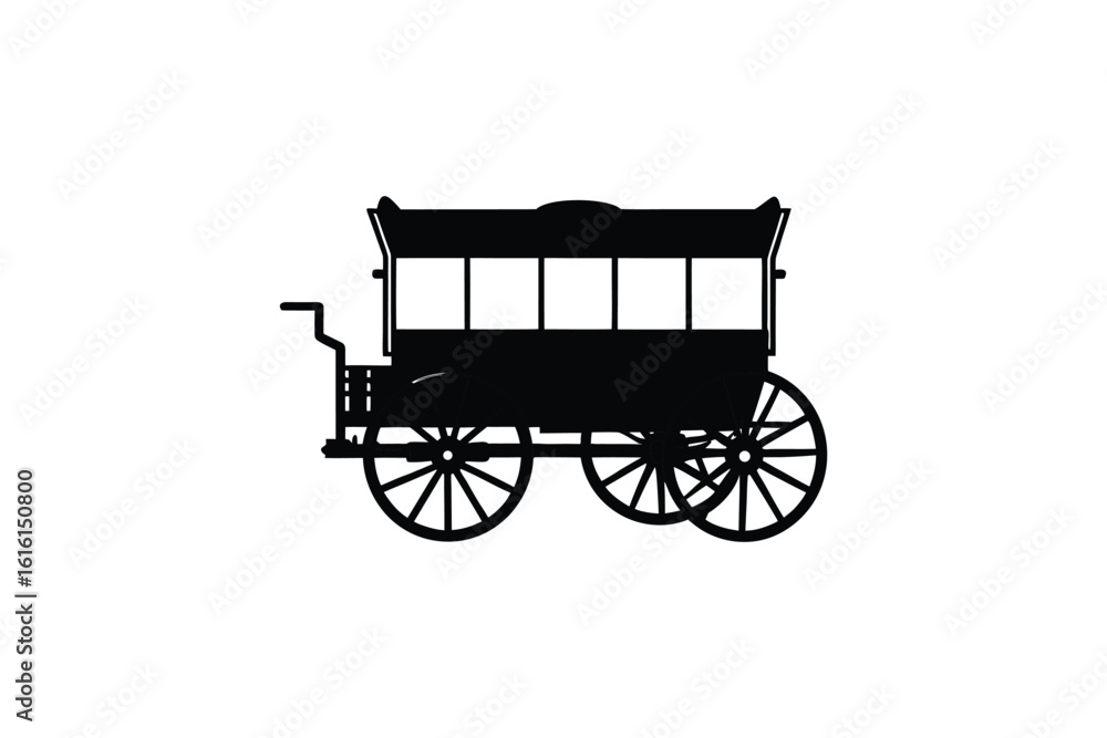 Fototapeta premium Vintage Covered Wagon with Spoked Wheels Isolated on White Background Classic Western Era Transportation Silhouette black covered wagon