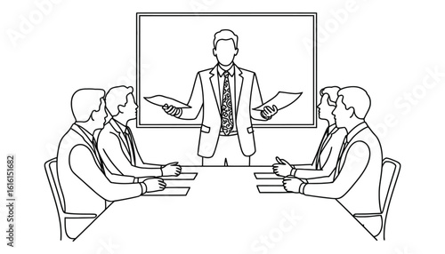 Minimal line drawing of a business meeting scene with a presenter addressing four seated colleagues, symbolizing corporate strategy and communication
