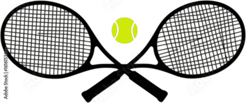 Two tennis rackets with a tennis ball in the middle. The rackets are crossed over each other vector illustration silhouette isolated on white background 