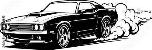 Stylized muscle car speeding with tire smoke in black and white illustration editable vector  silhouette isolated on white background 