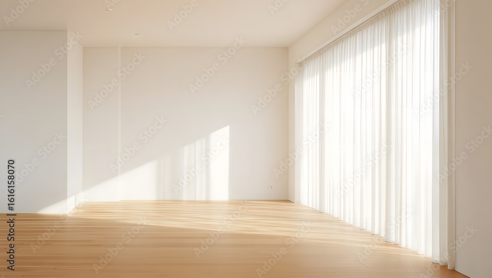 Fototapeta premium Bright Sunlight Filtering Through Sheer Curtains in Minimalist Interior